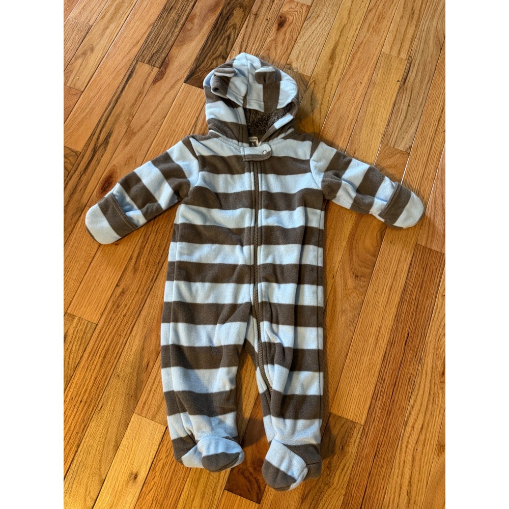 Carters Baby Pram Suit 6 Months Blue Brown Striped Fleece Sherpa Hood Bear Ears